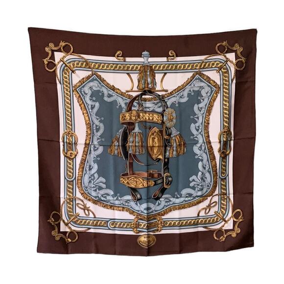 Hermes  Bride de Cour Brown, Blue, White, and Gold 100% Silk Scarf 90cm Square - Picture 12 of 16